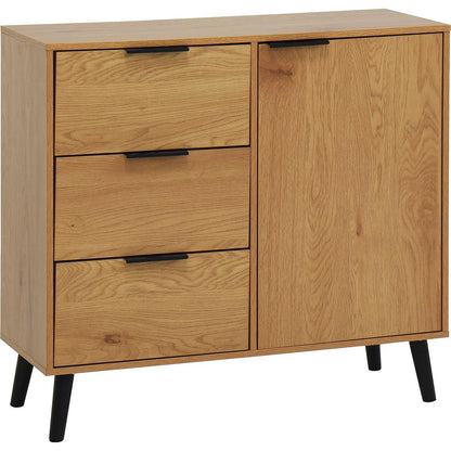 Storage Cabinet with 3 Drawers & Adjustable Shelf, Mid Century Cabinet with Door, Accent Cabinet for Living Room, Home Office, Entryway, Natural Wood Color