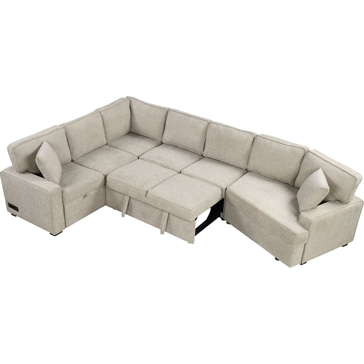 126" L-shaped Sofa Sectional Sofa Couch Pull-out Sofa Bed with Charging Devices and Cup Holders for Living Room, Beige