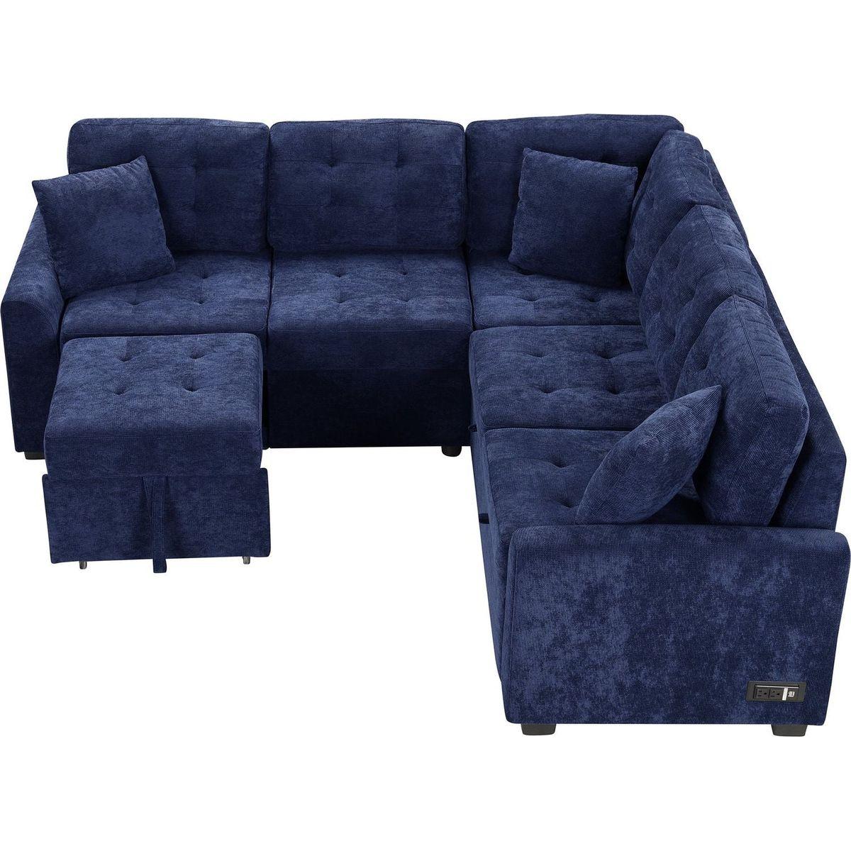 82.6" L-shape Sofa Bed Pull-out Sleeper Sofa with Wheels, USB Ports, Power Sockets for Living Room, Navy Blue