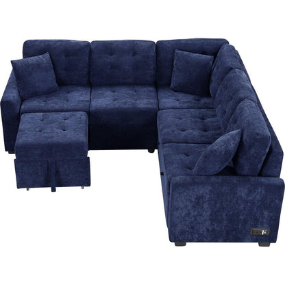 82.6" L-shape Sofa Bed Pull-out Sleeper Sofa with Wheels, USB Ports, Power Sockets for Living Room, Navy Blue