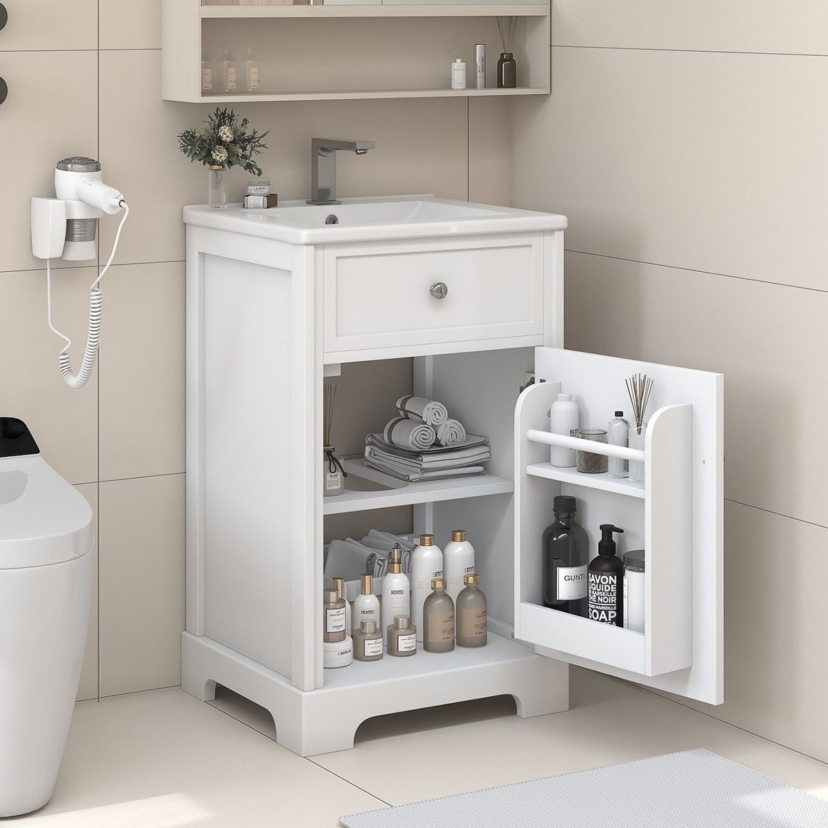 20" Bathroom Vanity with Sink, Bathroom Cabinet with Soft Closing Door, Storage Rack and Adjustable Shelve, White