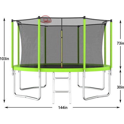 12FT Trampoline Green for Kids & Adults with Basketball Hoop and Ball ,Recreational Trampolines with Safety Enclosure for Back Yard Outdoor