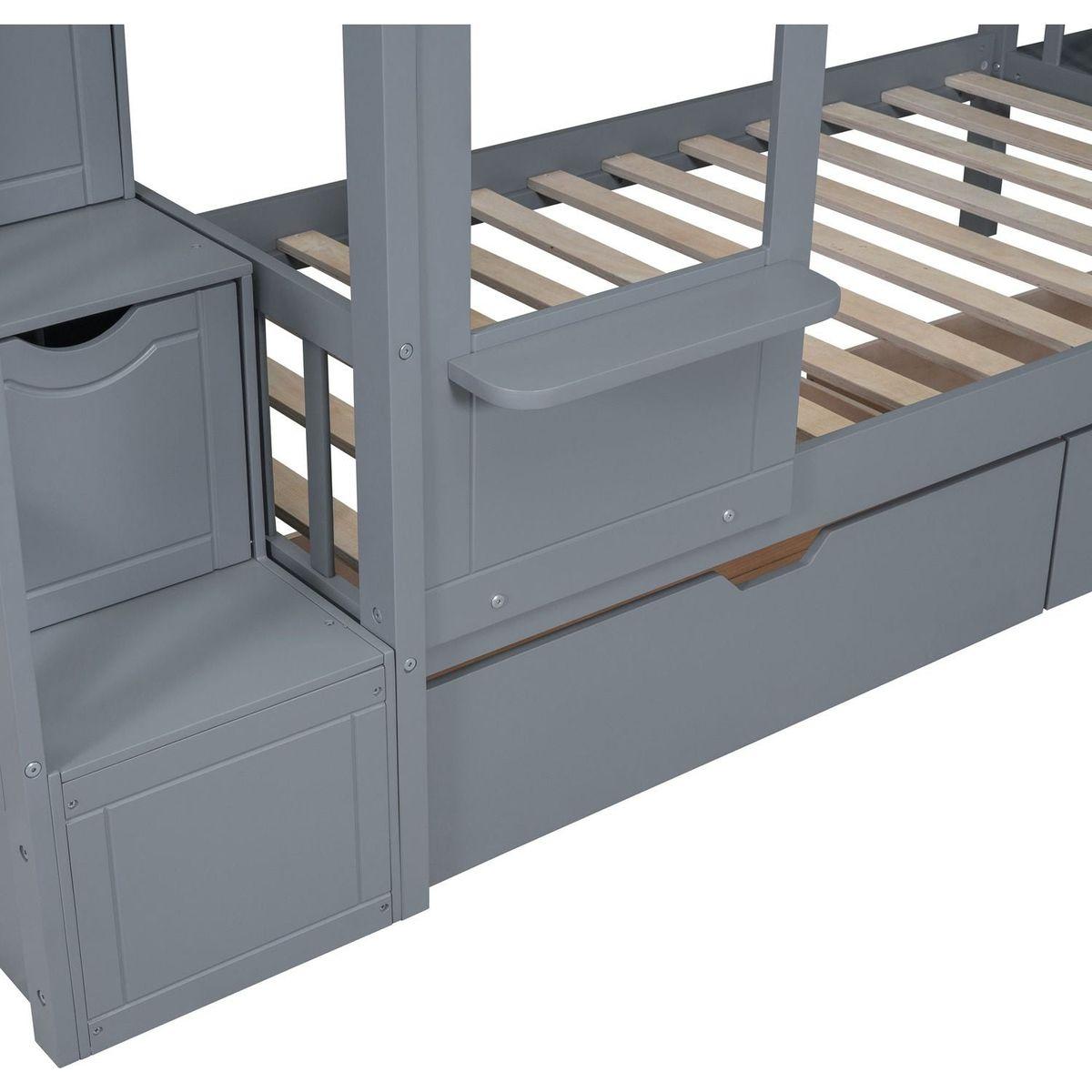 Twin-Over-Twin Castle Style Bunk Bed with 2 Drawers 3 Shelves and Slide - Gray