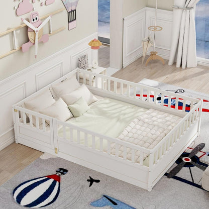 Full size Floor bed, integral construction with super high security barrier, door, children's floor bed frame, Montessori wooden children's floor bed, Support slat white - Streamdale Furniture