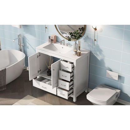 36" White Bathroom Vanity with Ceramic Sink Combo, Abundant Storage Cabinet -2 Soft-close doors and 5 drawers