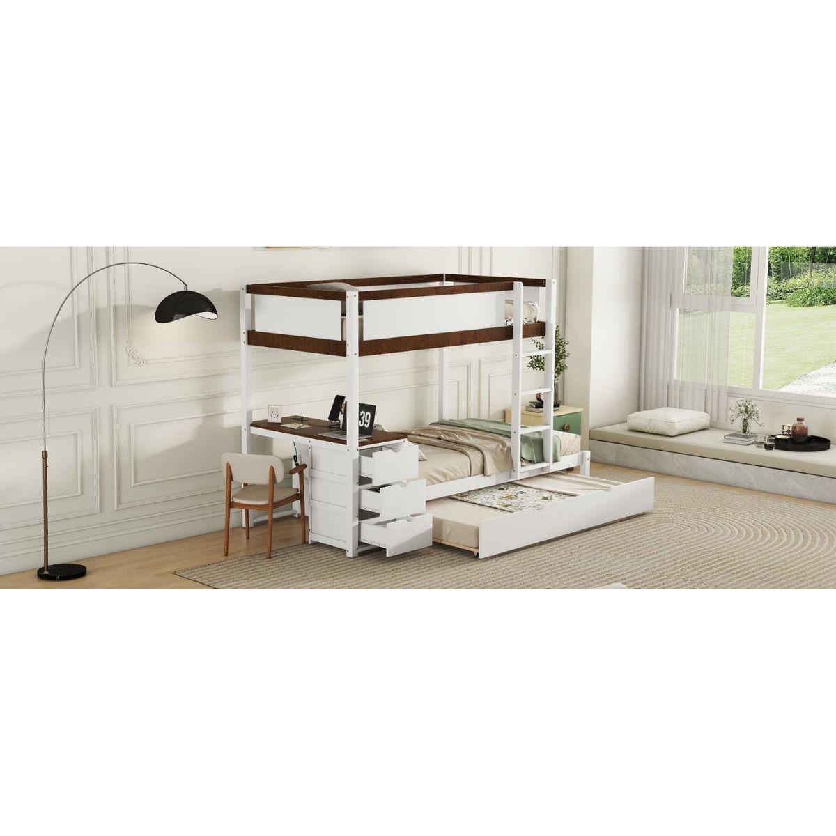 Twin-Over-Twin Bunk Bed with Twin size Trundle, Storage and Desk, White+Walnut