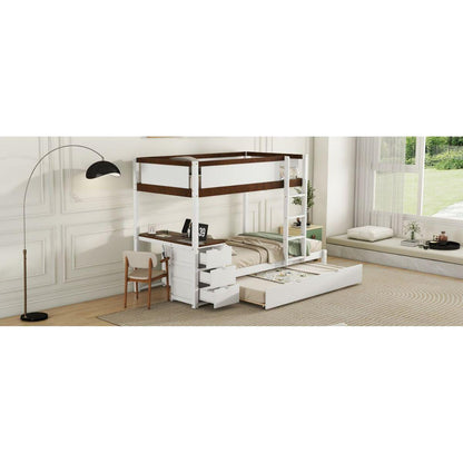 Twin-Over-Twin Bunk Bed with Twin size Trundle, Storage and Desk, White+Walnut