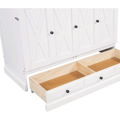 Solid Pine Murphy Bed Chest Cube Cabinet Bed with Charging Station and Large Storage Drawer for Home Office or Small Room,Full,White