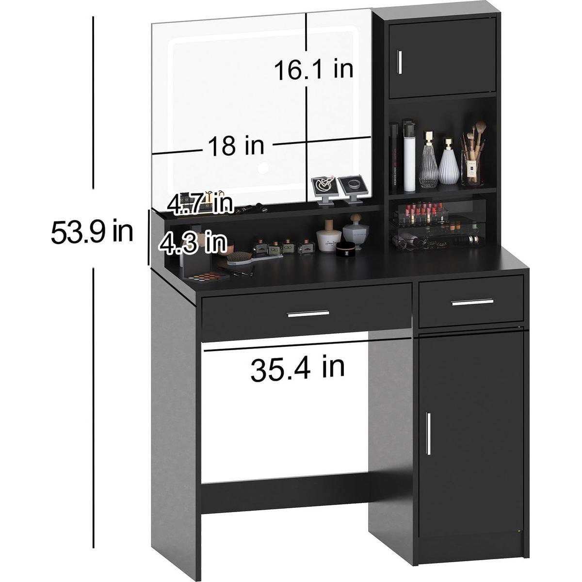 Vanity Desk with Mirror and LED Light Strip,Dressing Table with Large Drawer, 3 Level Storage Dresser & 3 Lighting Modes Adjustable Brightness, Suitable for Bedroom(Black)