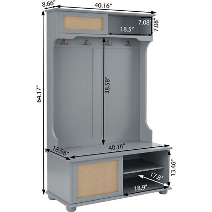 Casual Style Hall Tree Entryway Bench with Rattan Door Shelves and Shoe Cabinets, SOLID WOOD Feet, Gray, 40.16"Wx18.58"Dx64.17"H