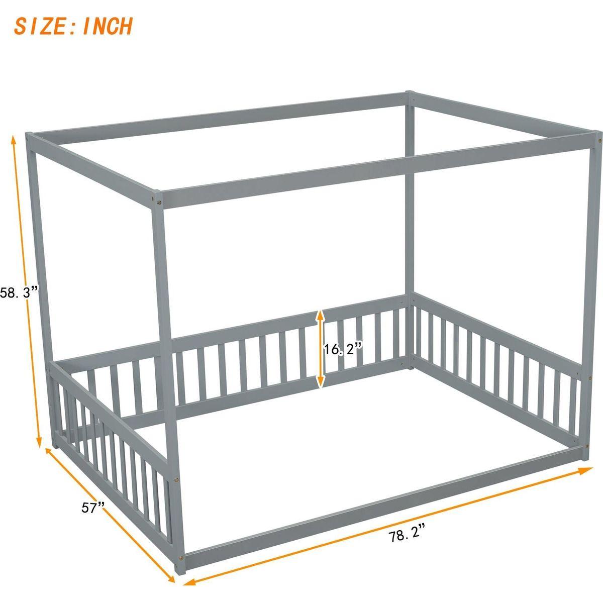 Full Size Canopy Frame Floor Bed with Fence, Guardrails,Grey