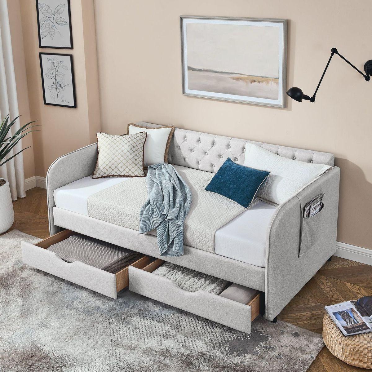 Twin Size Upholstery Daybed with Trundle Bed and Two Storage Drawers, Flat Arms with Pocket, Extendable Daybed for Bedroom Living Room,Linen Beige