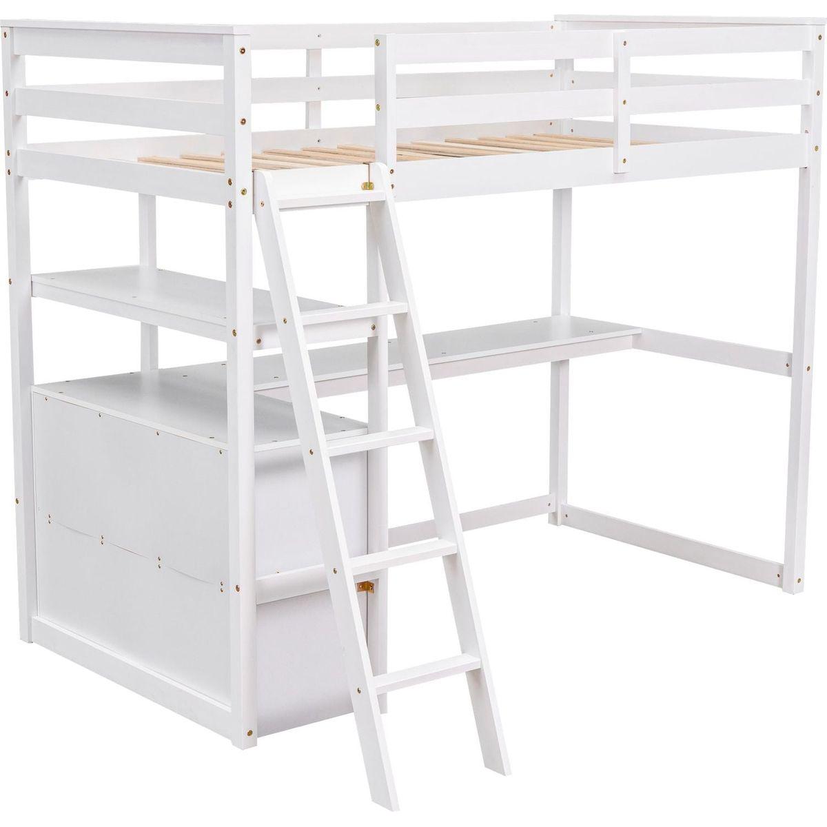 Twin Size Loft Bed with Desk and Shelves, Two Built-in Drawers, White