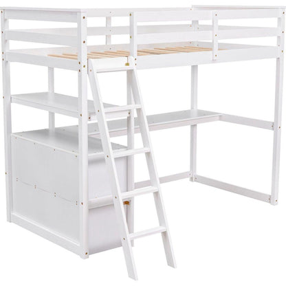 Twin Size Loft Bed with Desk and Shelves, Two Built-in Drawers, White