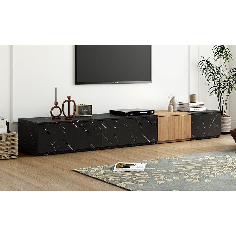 TV Stand with Faux Marble and Walnut Wood Grain Finish for TVs up to 88", Modern Free-Combination Entertainment Center with 4 Storage Drawers for Living Room, Black