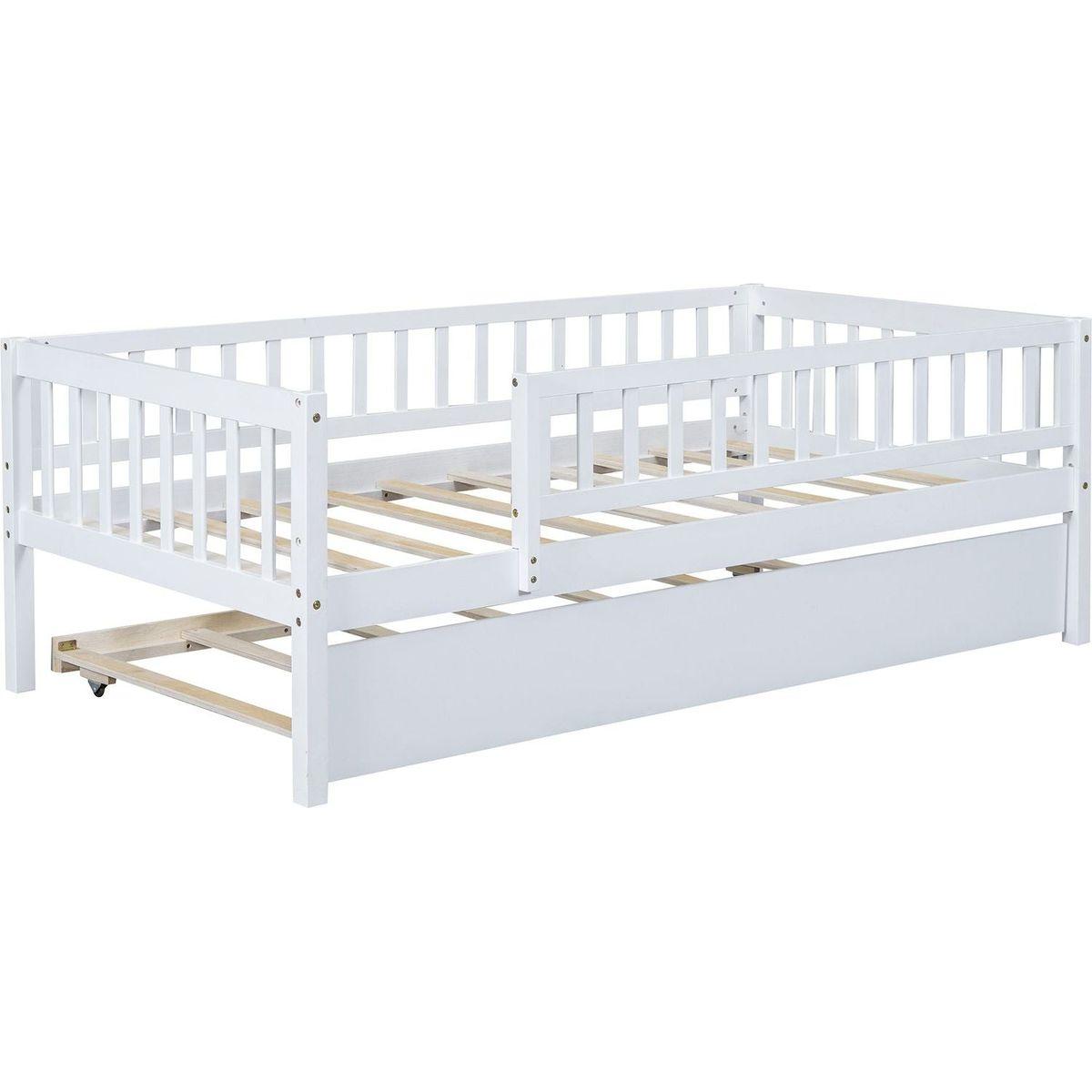 Twin Size Wood Daybed with Trundle and Fence Guardrails, White
