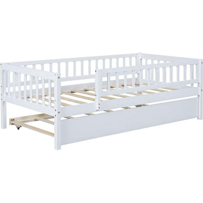 Twin Size Wood Daybed with Trundle and Fence Guardrails, White