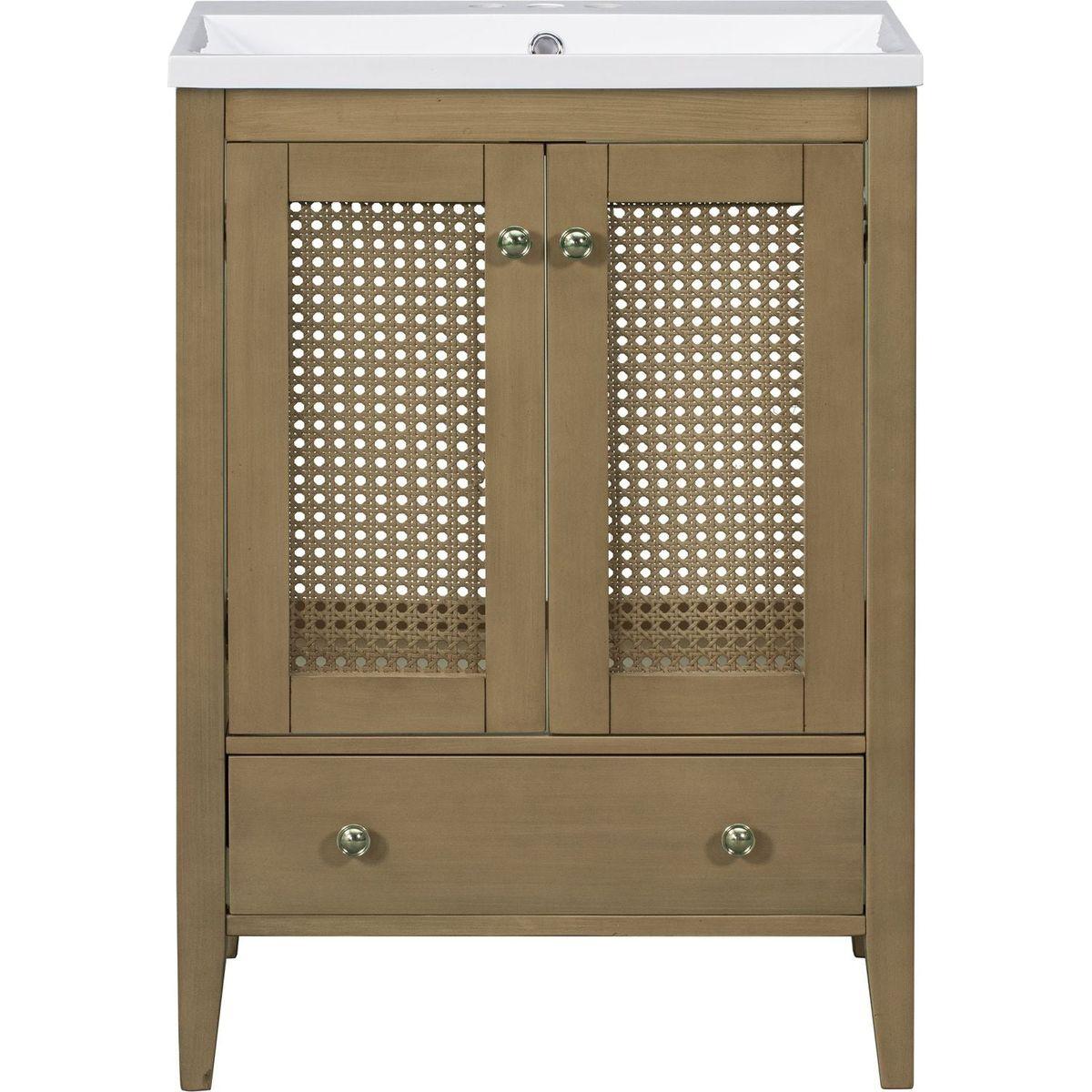 24" Bathroom Vanity with Ceramic Basin, Rattan Bathroom Storage Cabinet with Two Doors and Drawer, Solid Frame, Natural