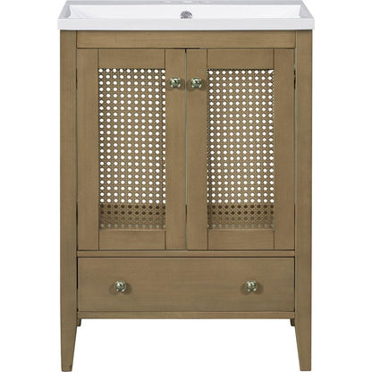 24" Bathroom Vanity with Ceramic Basin, Rattan Bathroom Storage Cabinet with Two Doors and Drawer, Solid Frame, Natural