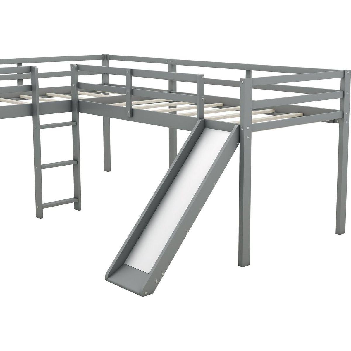 L-Shaped Twin Size Loft Bed with Ladder and Slide, Gray