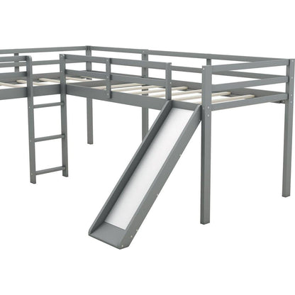 L-Shaped Twin Size Loft Bed with Ladder and Slide, Gray