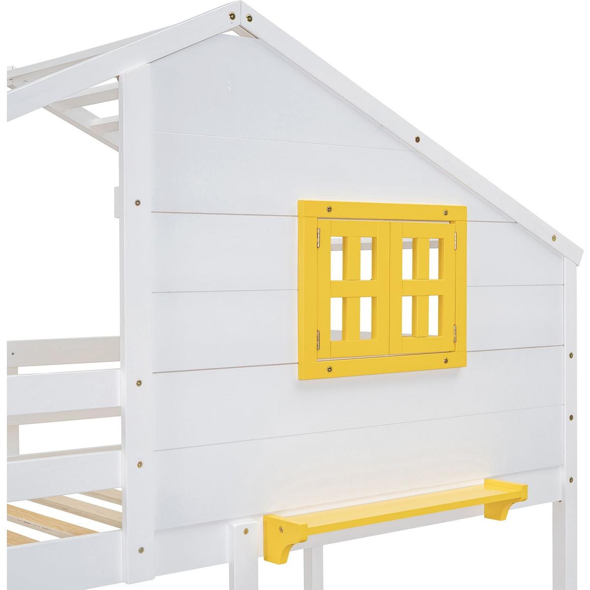 Twin over Twin Bunk Bed with 2 Drawers, 1 Storage Box, 1 Shelf, Window and Roof-White
