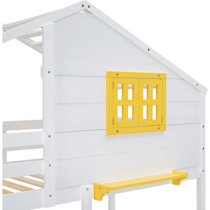 Twin over Twin Bunk Bed with 2 Drawers, 1 Storage Box, 1 Shelf, Window and Roof-White