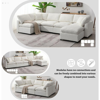 130x65" Modern Modular Cloud Sofa Bed, 6 Seat Chenille Sectional Couch Set with Ottoman,Free Combination,Convertible U Shaped Sleeper Sofa for Living Room, Apartment, 3 Colors