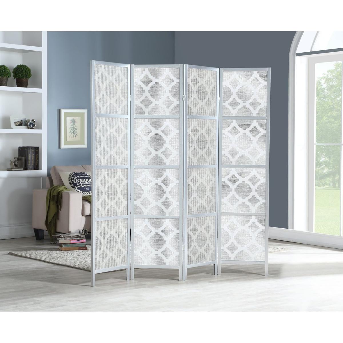 Quarterfoil infused Diamond Design 4-Panel Room Divider, Silver