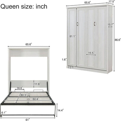 Queen Size Half Self-Close and Open Murphy Bed Cabinet Space-Saving Bed Perfect for Guest Room, for Bed Room, Guest Room, Home Office, Rustic White