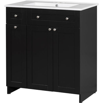 30-Inch Black Bathroom Vanity with Ceramic Sink Combo, Abundant Storage Cabinet - 2 Soft-close Doors and Double-tier Deep Drawer