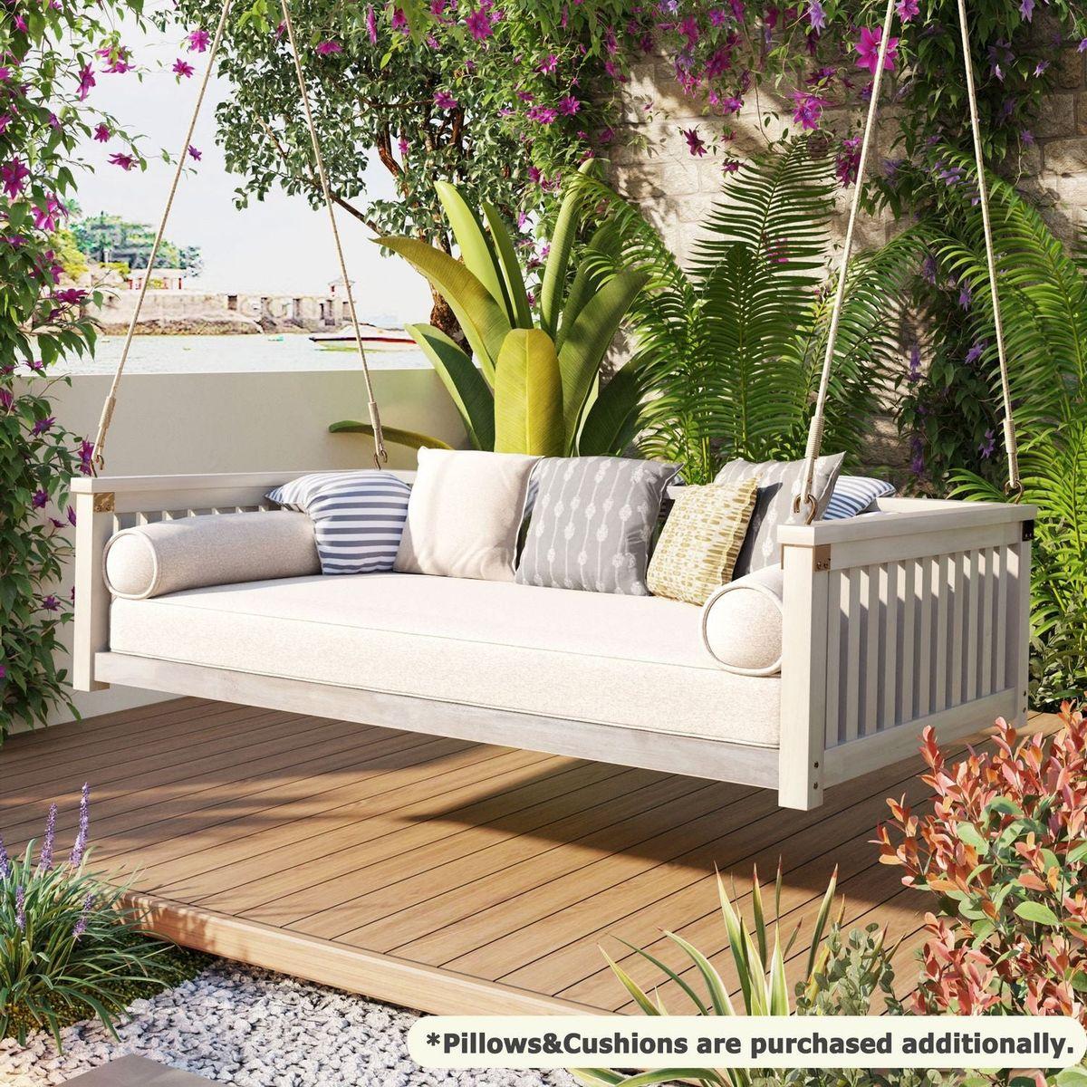 Patio Minimalist Twin Size Garden Swing Bed Wood Porch Swing with Ropes for Backyard, Safe Sloped Design, White