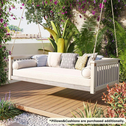 Patio Minimalist Twin Size Garden Swing Bed Wood Porch Swing with Ropes for Backyard, Safe Sloped Design, White