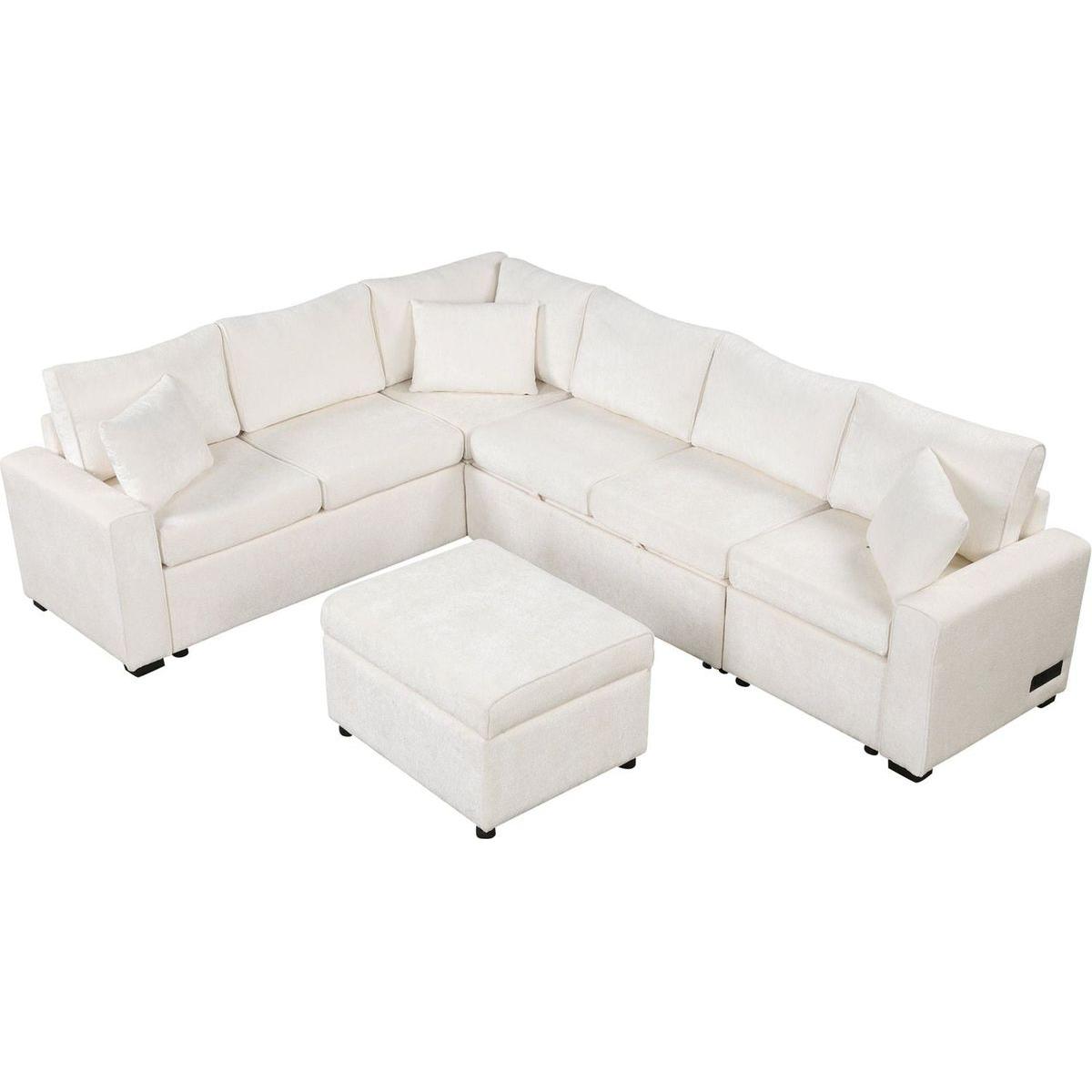 112.2" Sectional Sofa Pull-out Sofa Bed Sleeper with a Storage Ottoman,Three Pillows and Charging Devices for Living Room, Cream