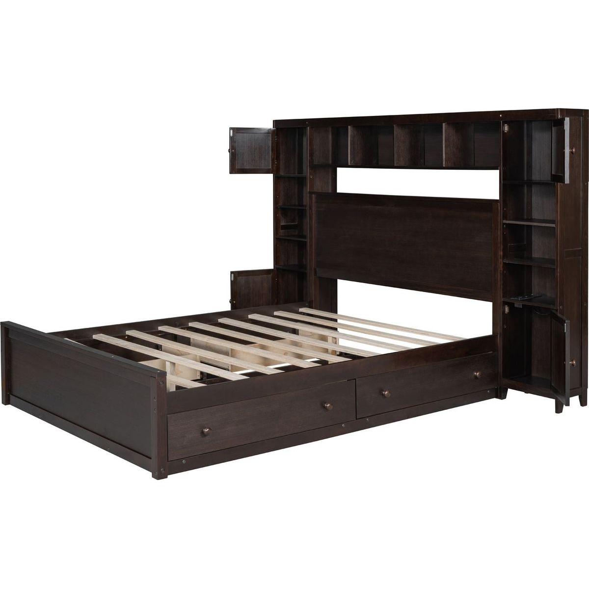 Queen Size Wooden Bed With All-in-One Cabinet, Shelf and Sockets, Espresso