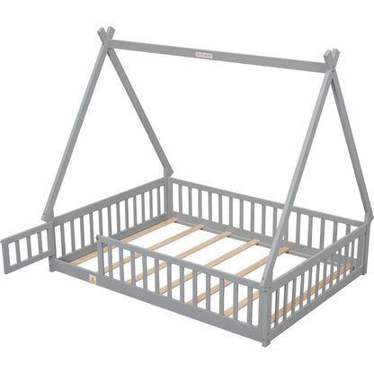 Full Tent-shaped Floor Bed, with Guardrails, Slats, Door, Grey