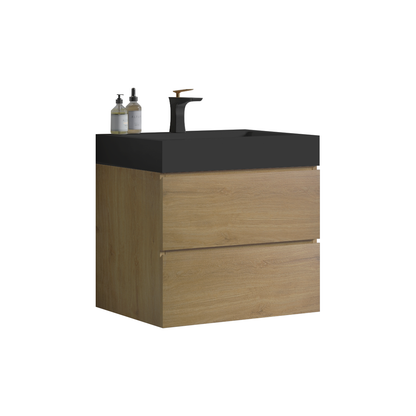 U090-Alice24W-106 Alice 24" Natural Oak Bathroom Vanity with Sink, Large Storage Wall Mounted Floating Bathroom Vanity for Modern Bathroom, One-Piece Black Sink Basin WITHOUT Drain, Pre-assembled