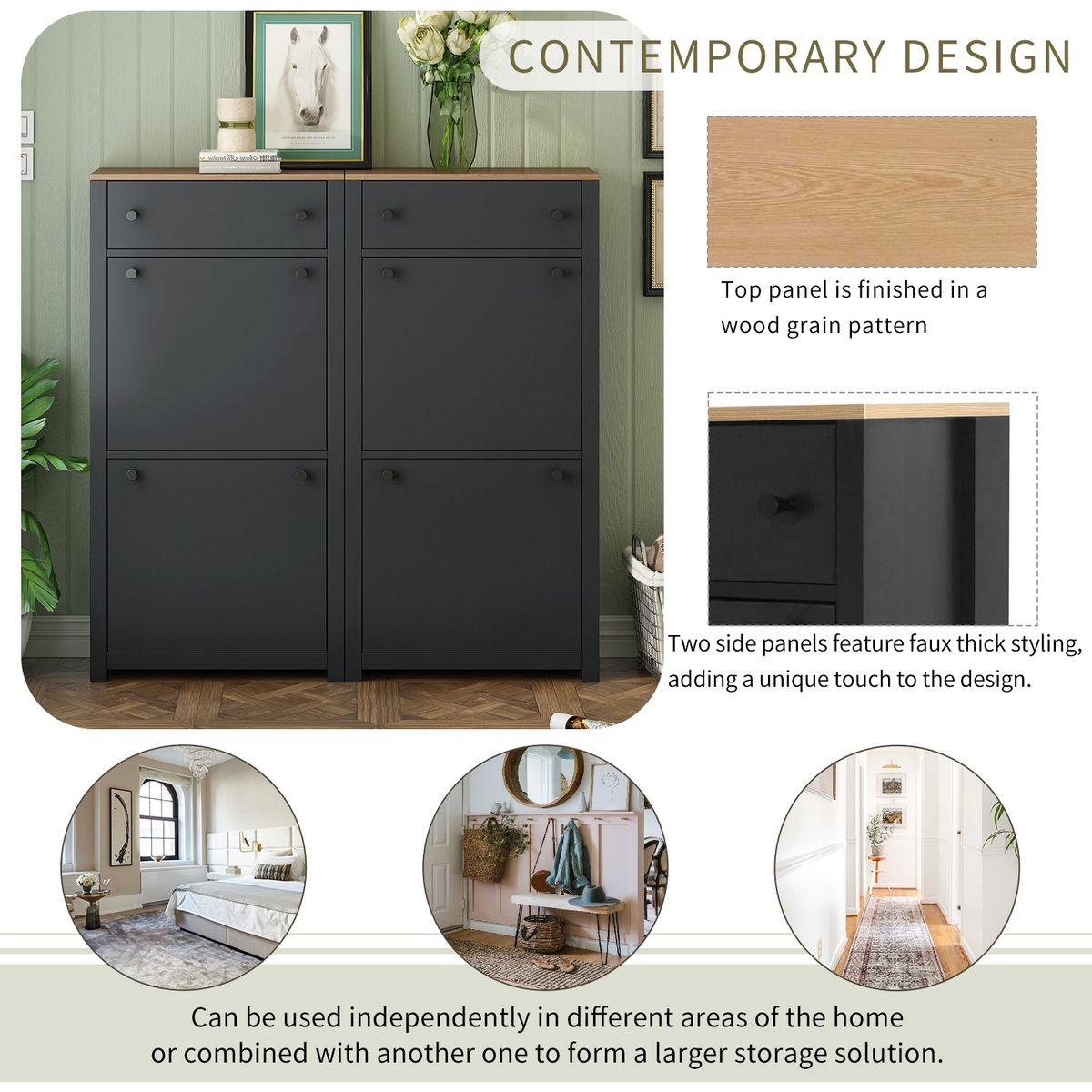 Slim Shoe Cabinet Set with 4 Flip Drawers, Wood Grain Pattern Top Shoe Storage Solution with Adjustable Panel, Modern Style Shoe Rack with Drawers for Hallway, Black