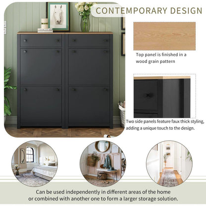 Slim Shoe Cabinet Set with 4 Flip Drawers, Wood Grain Pattern Top Shoe Storage Solution with Adjustable Panel, Modern Style Shoe Rack with Drawers for Hallway, Black