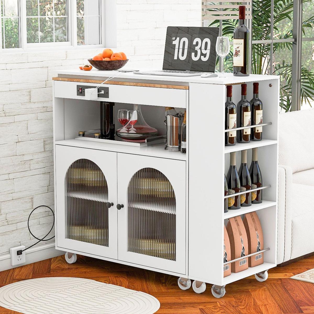 Rolling Kitchen Island With Movable Extended Table, Kitchen Cabinet on Wheels with Power Outlets and 2 Fluted Glass Doors, Kitchen Island with a Storage Compartment and Side 3 Open Shelves, White