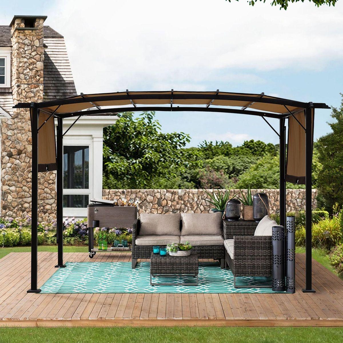 12 x 9 Ft Outdoor Pergola Patio Gazebo,Retractable Shade Canopy,Steel Frame Grape Gazebo,Sunshelter Pergola for Gardens,Terraces,Backyard-Beige