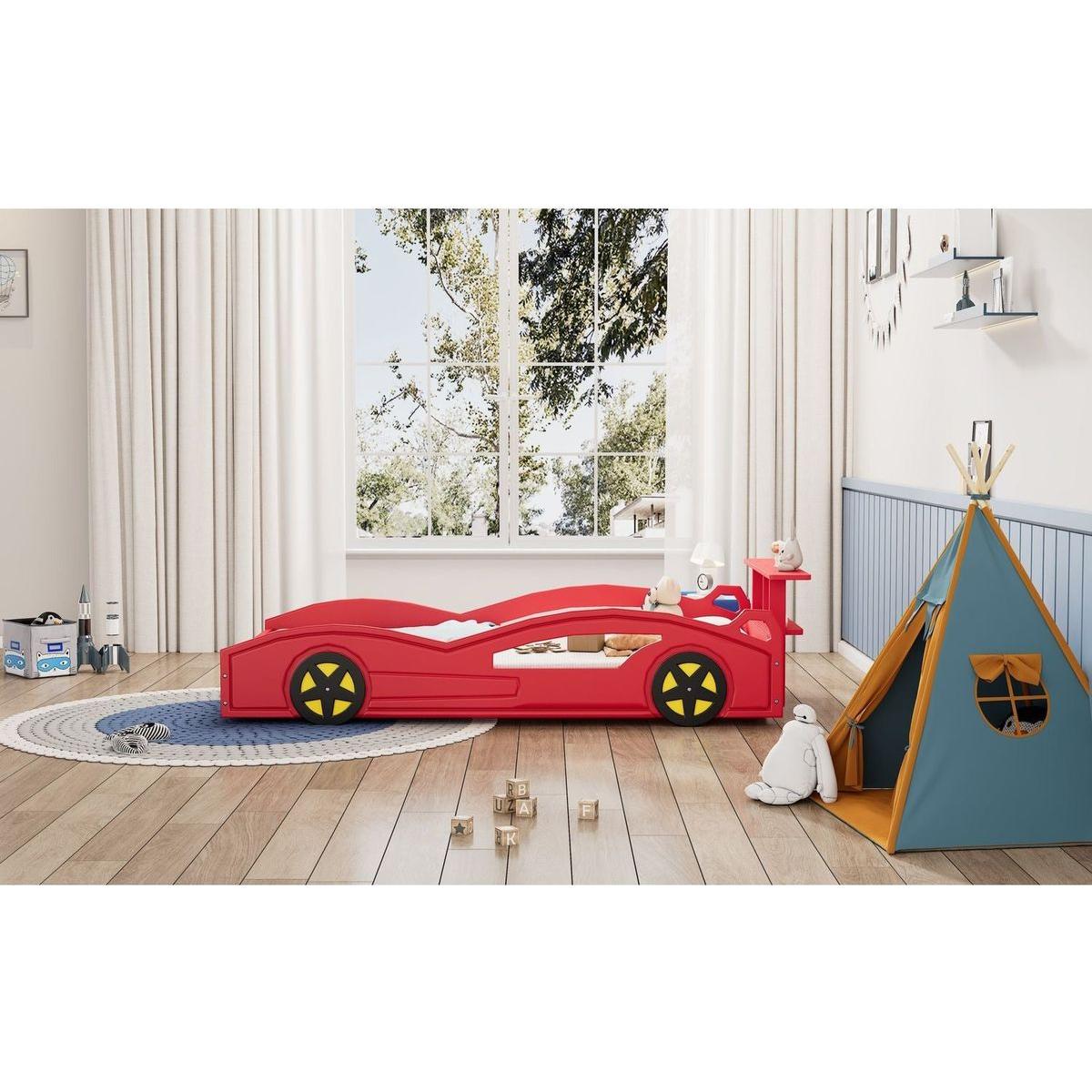 Wooden Race Car Bed,Car-Shaped Platform Twin Bed with Wheels For Teens,Red & Yellow