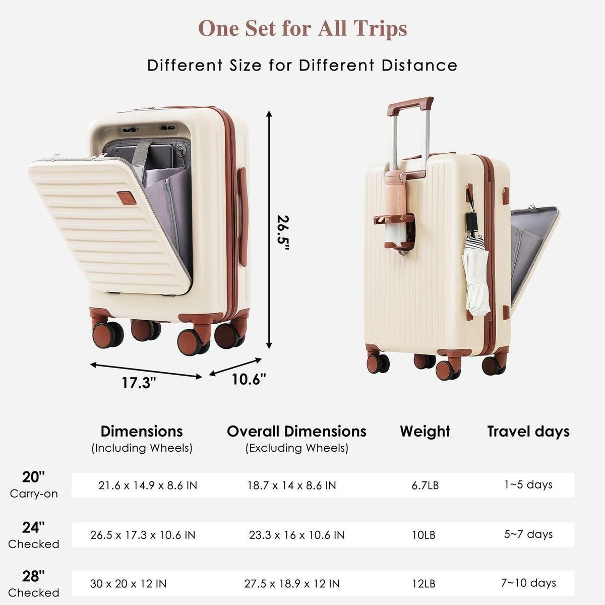 Luggage Set of 3, 20, 24, 28inch with USB Port, 20, 24inch with front opening design Airline Certified Carry on Luggage with Cup Holder, ABS Hard Shell Luggage with Spinner Wheels, ivory and brown