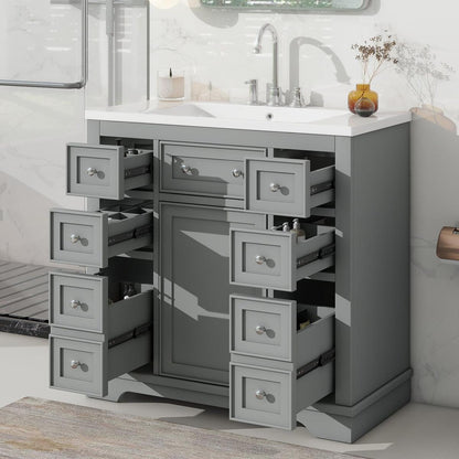 36" Bathroom Vanity with Sink Combo, One Cabinet and Six Drawers, Solid Wood and MDF Board, Grey