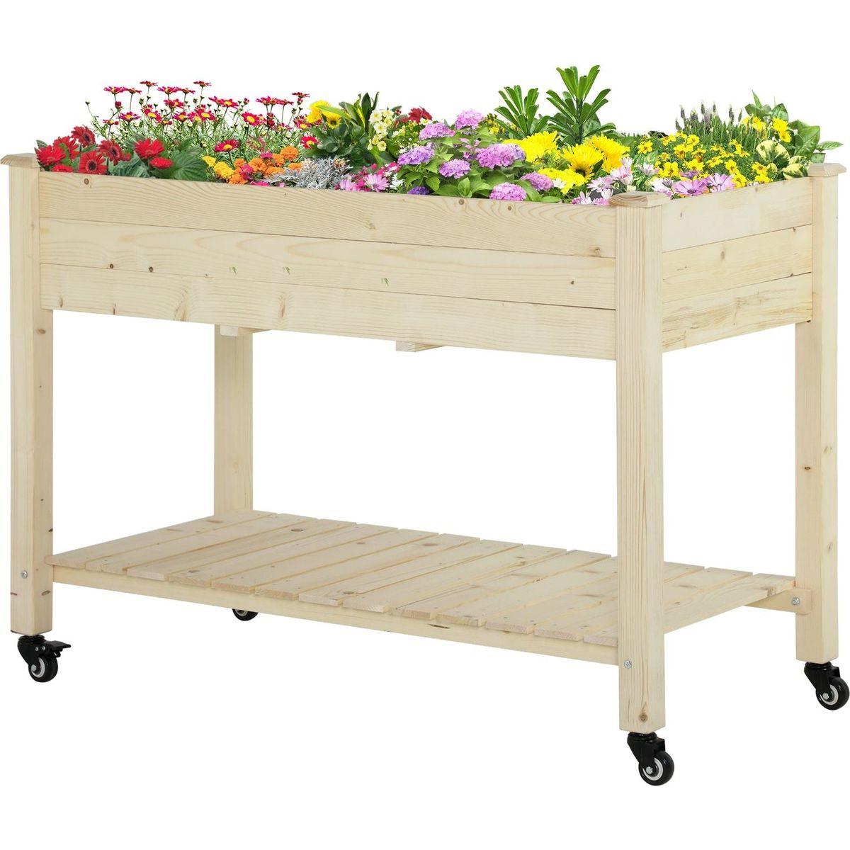 Raised Garden Bed, 47" x 22" x 33", Elevated Wooden Planter Box w/ Lockable Wheels, Storage Shelf, and Bed Liner for Backyard, Patio, Natural