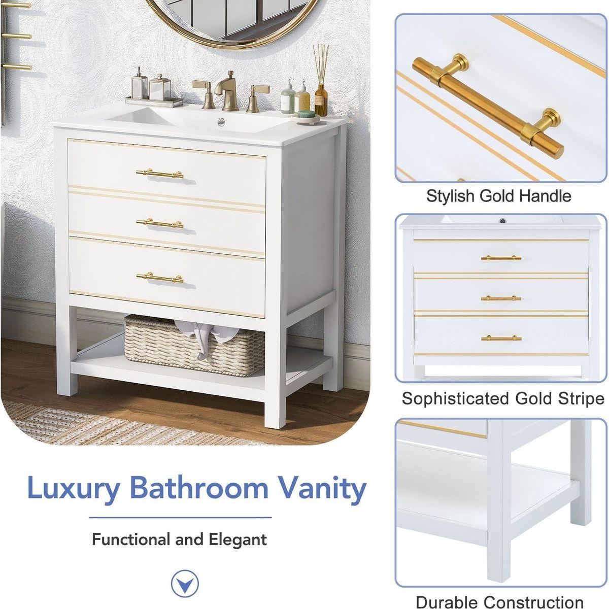 Modern 30inch Navy Blue/White Bathroom Vanity Cabinet Combo with Open Storge, Two Drawers