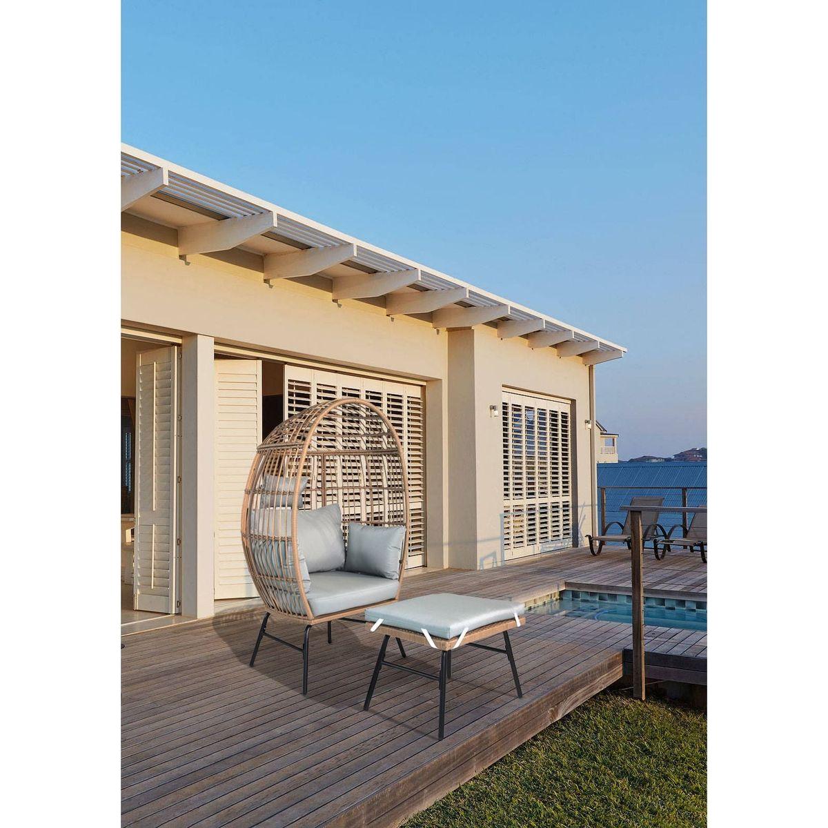 Outdoor Garden Wicker Egg Chair And Footstool Patio Chaise, With Cushions, Outdoor Indoor Basket Chair