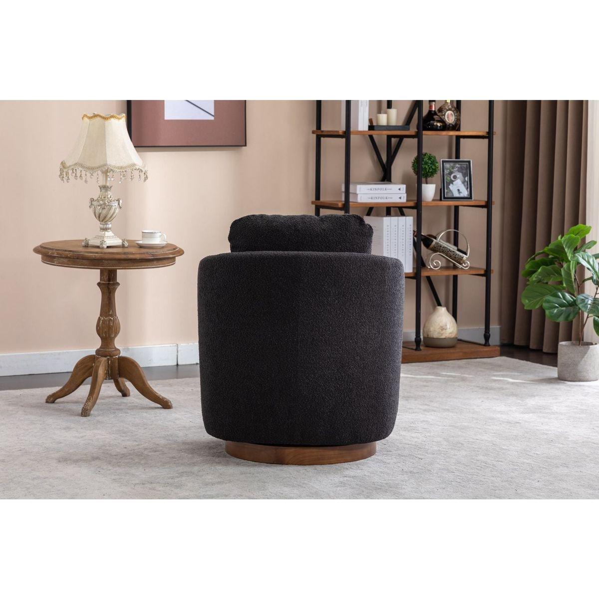 Boucle Fabric Swivel Accent Chair With Soild Wood Round Brown Base Leg,Black