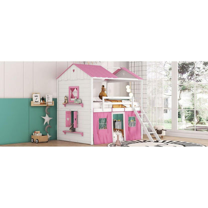 Full Size Bunk Wood House Bed with Elegant Windows, Sills and Tent, Pink+White