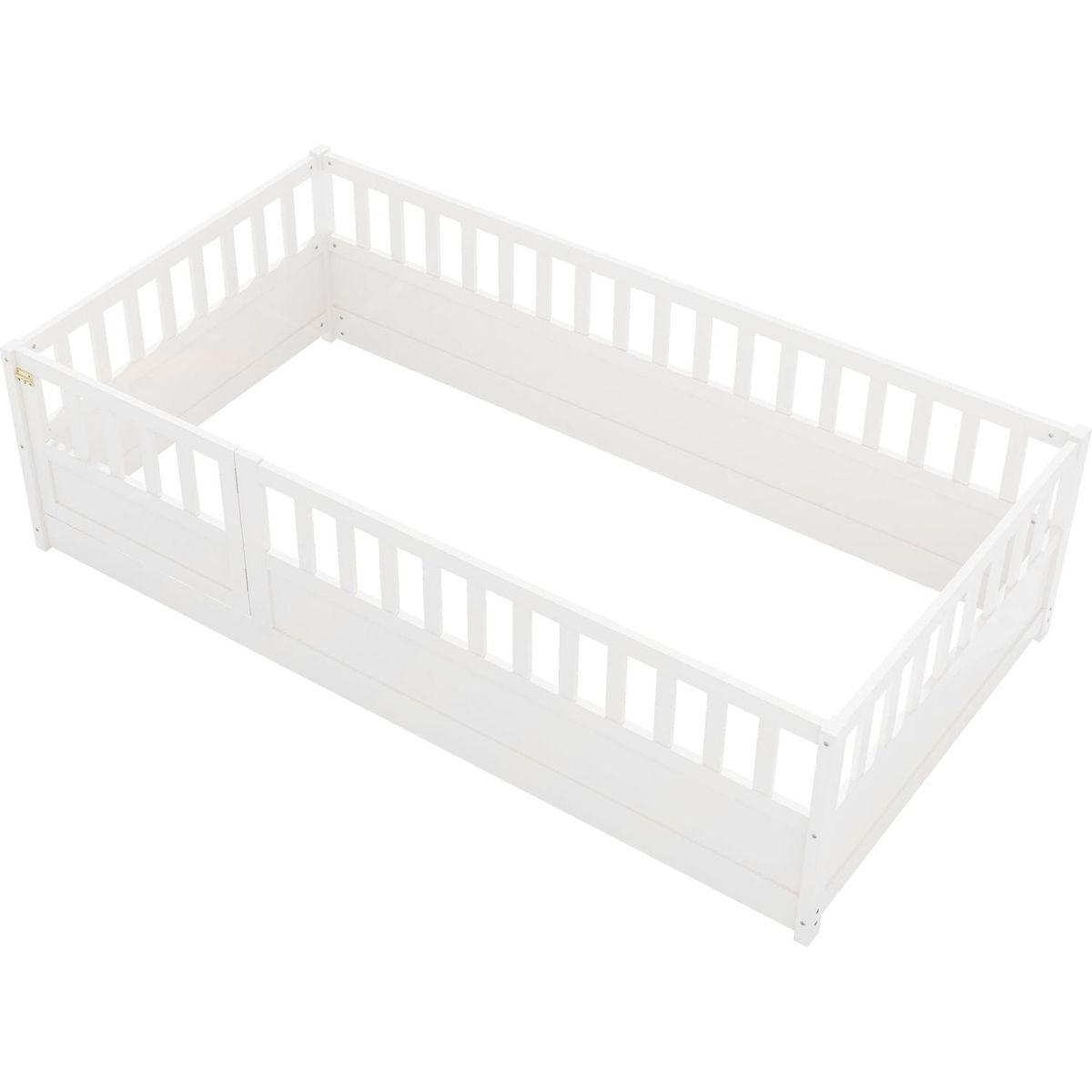Twin Size Floor bed, integral construction with super high security barrier, door, children's floor bed frame, Montessori wooden children's floor bed, white